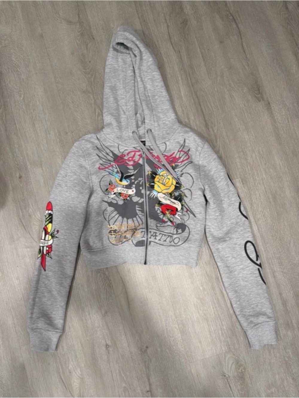 Ed Hardy Gray Cropped Zip Hoodie with Colorful Tattoo Graphics